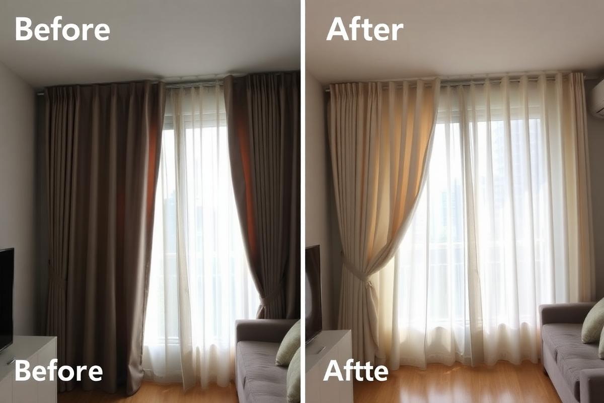 Before and after curtain steam cleaning in an HDB living room in Singapore