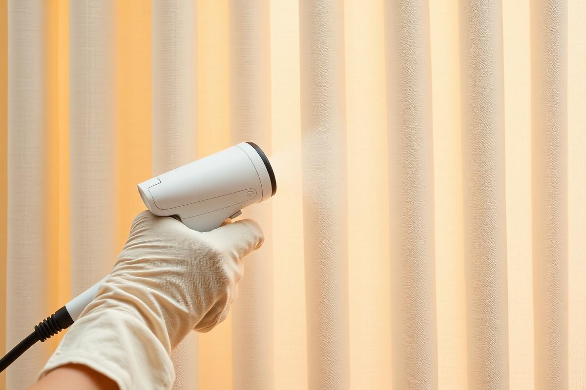 Macro shot of a technician steam cleaning curtain fabric folds on site in Singapore