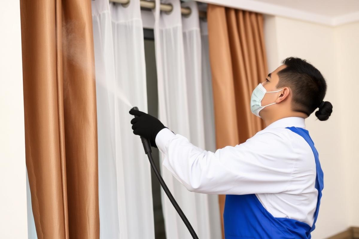 Technician steam cleaning hanging curtains on site in a Singapore apartment