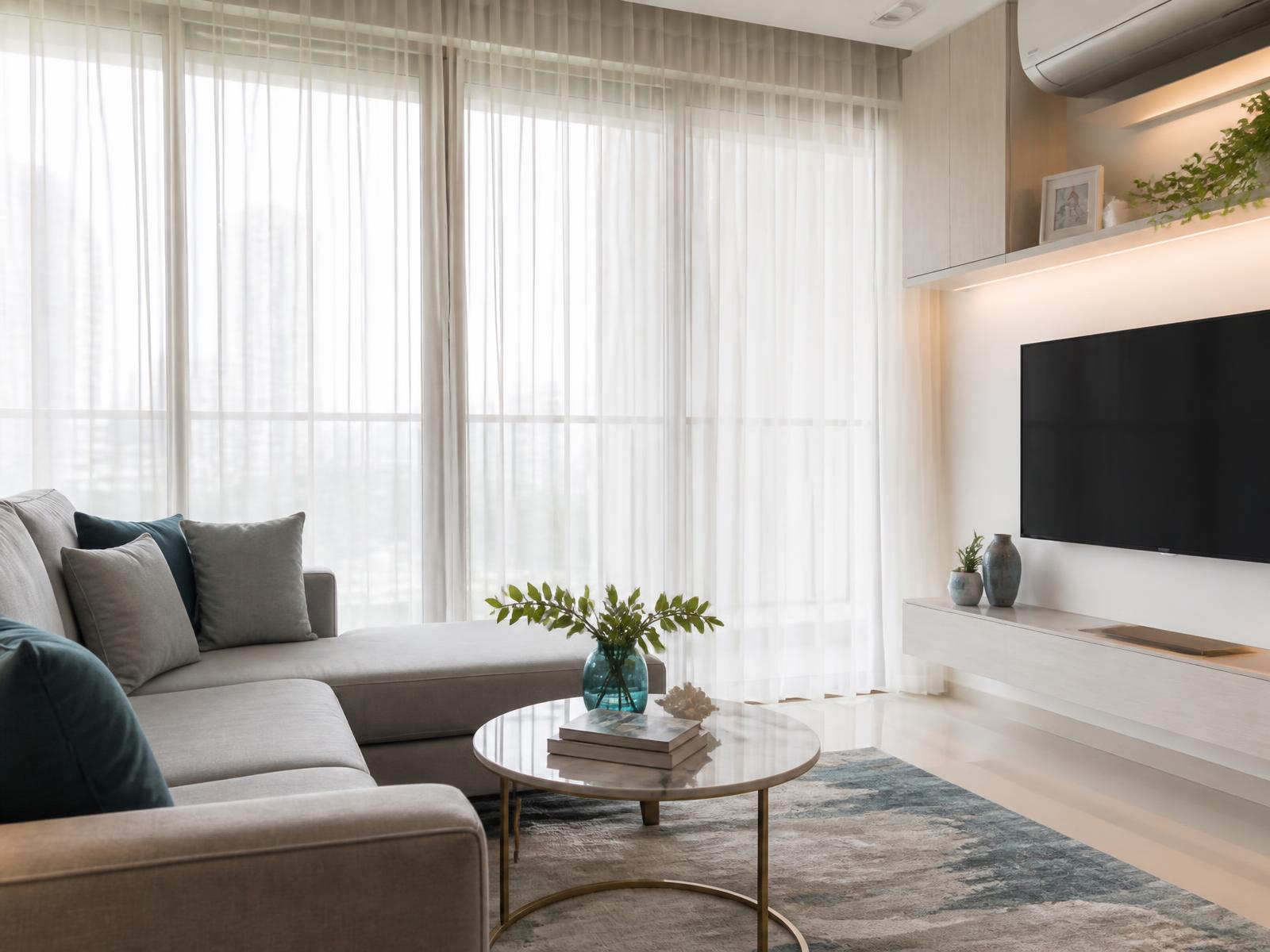 Freshly cleaned sheer curtains in a bright Singapore HDB living room
