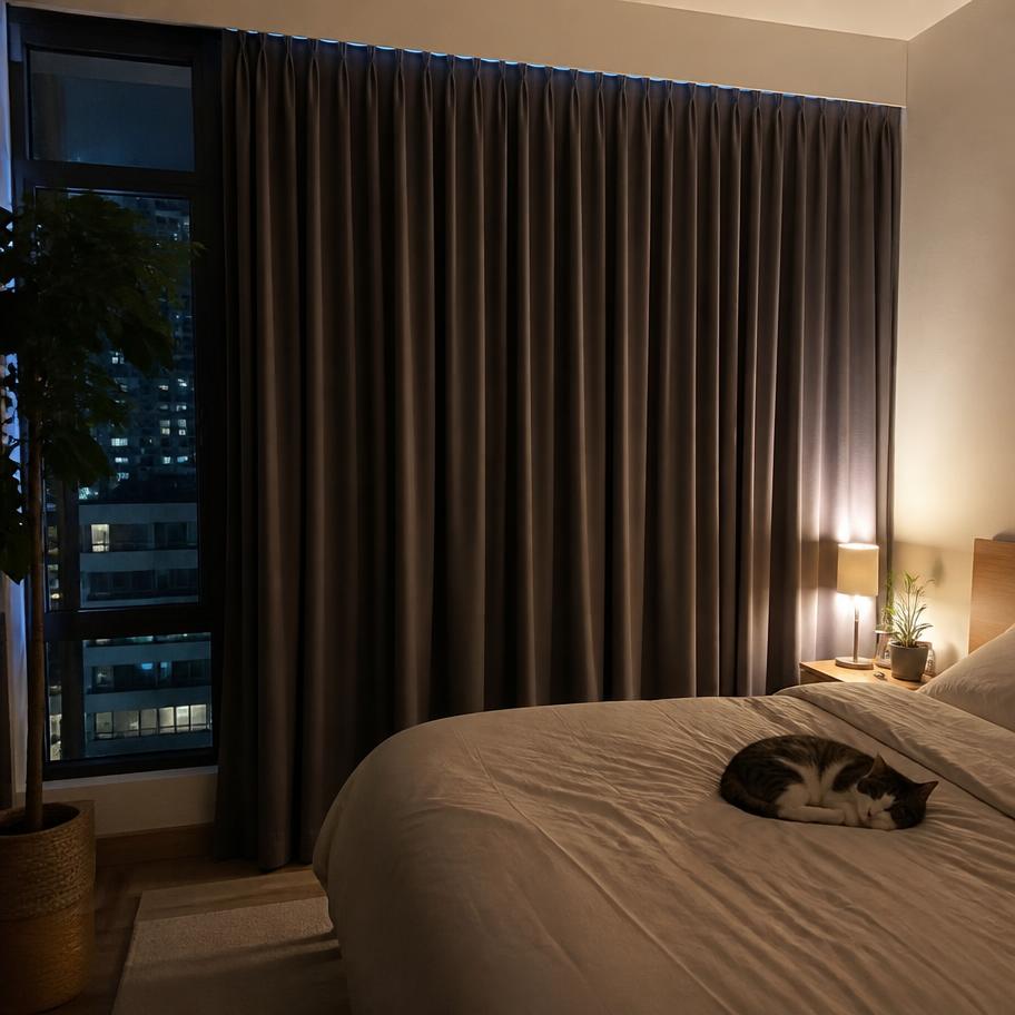 Freshly cleaned blackout night curtains in a cosy Singapore condo bedroom with a sleeping cat